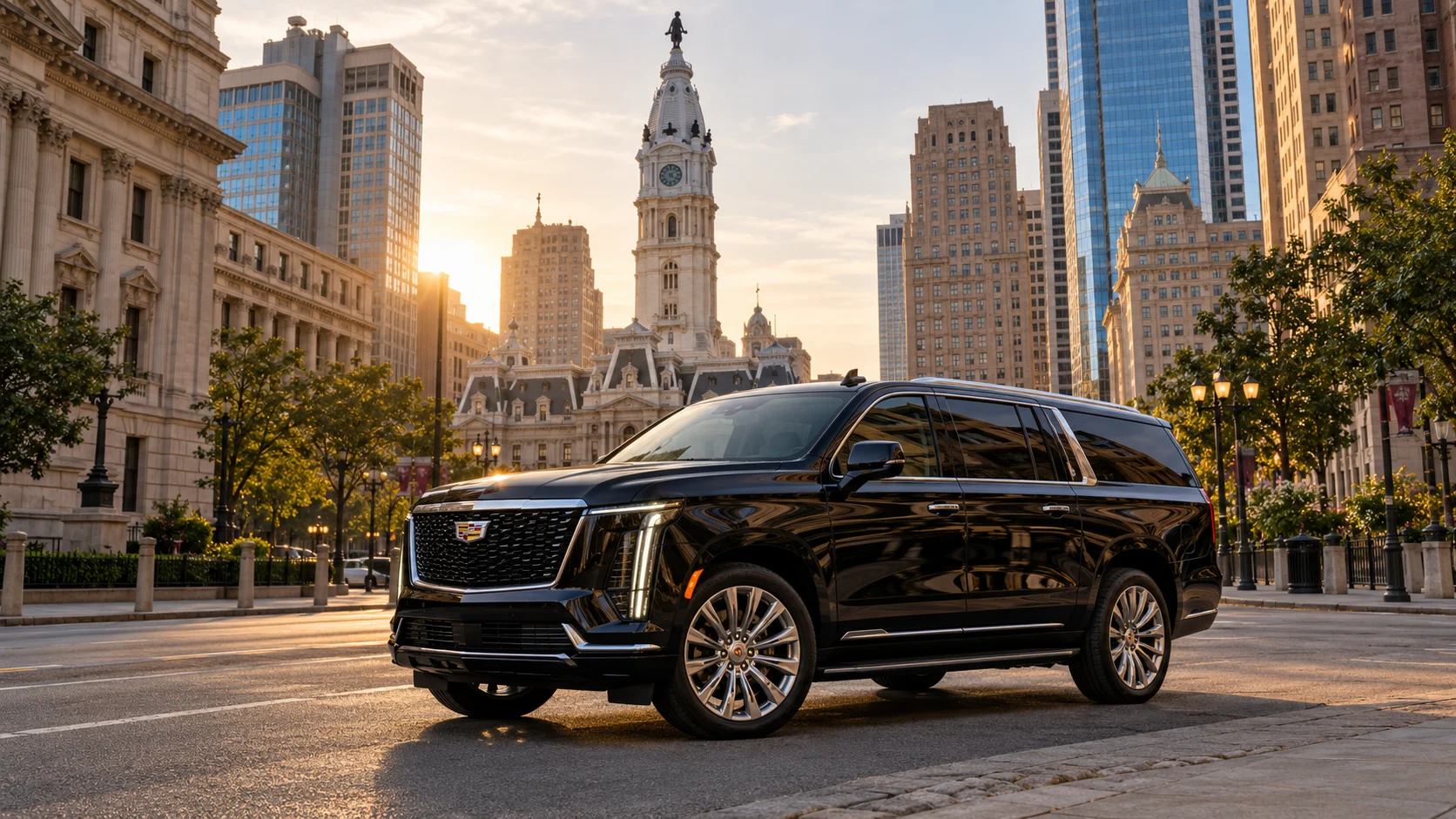 Black Cadillac Escalade ESV with Philadelphia City Hall in the background